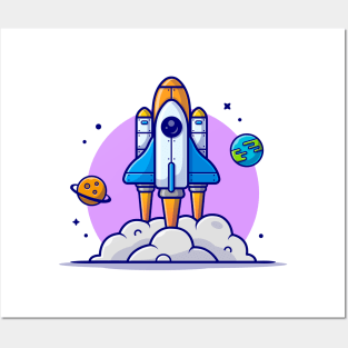 Space Shuttle Taking Off with Planet and Earth Space Cartoon Vector Icon Illustration Posters and Art